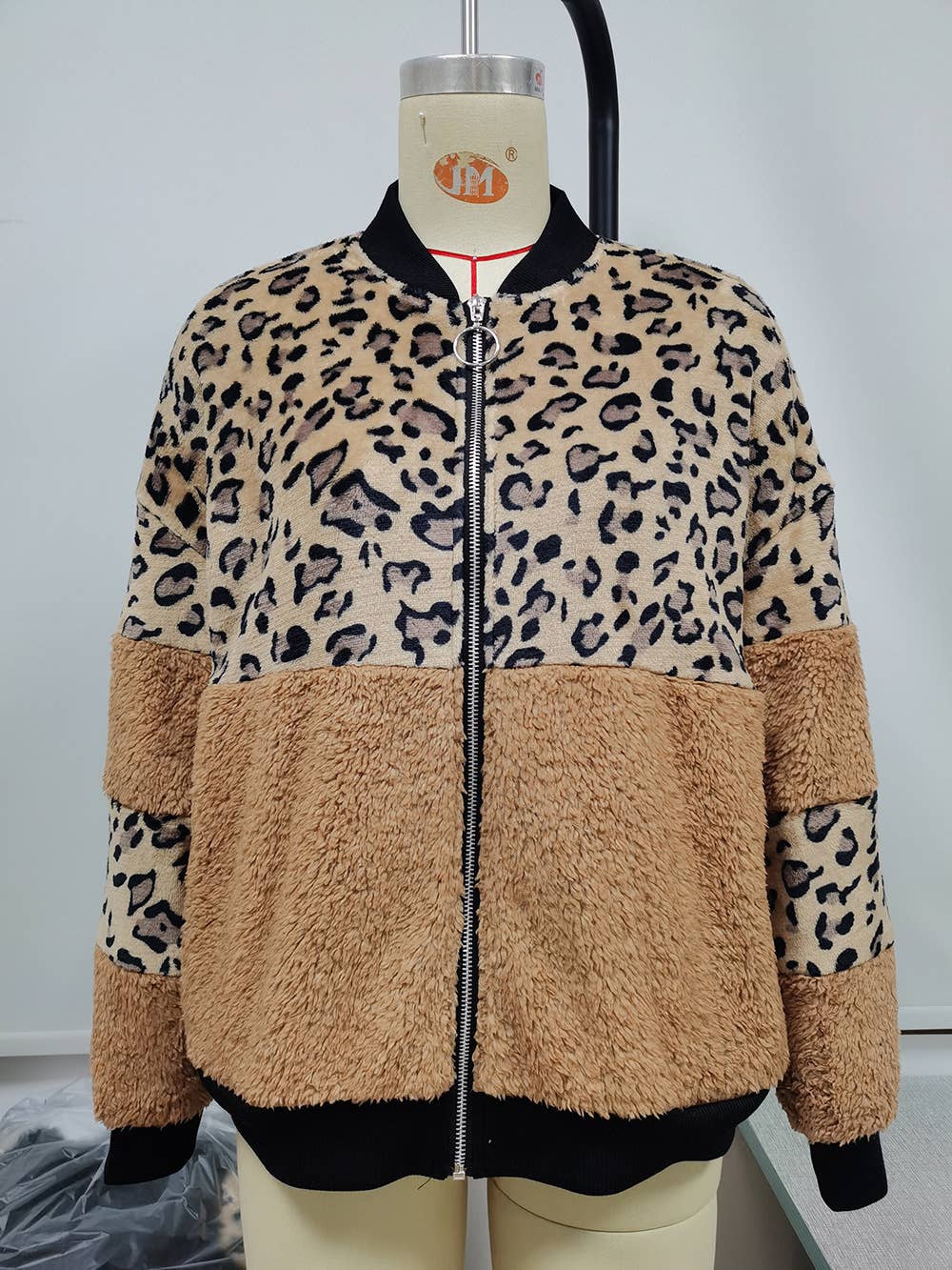 LEOPARD PRINT PATCHWORK PLUSH ZIPPER FUR COAT
