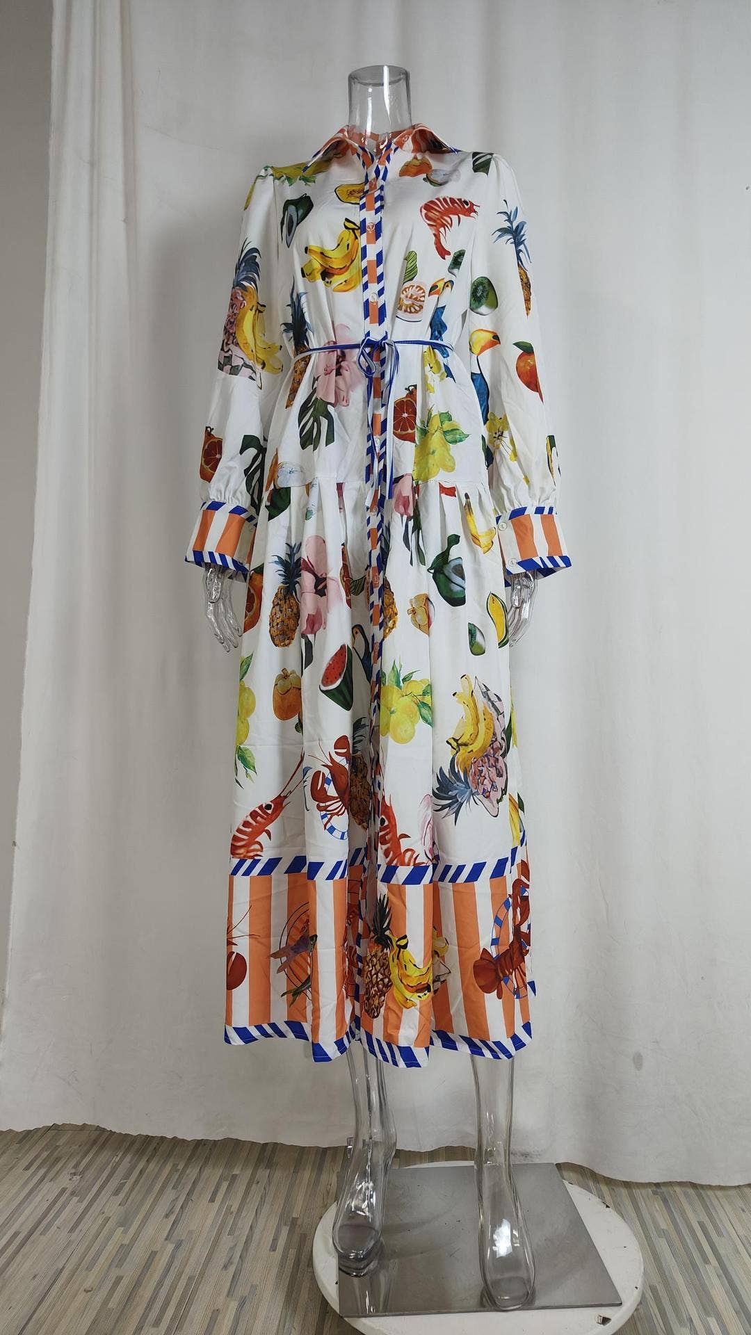 LANTERN SLEEVE PRINTED LAPEL LONG-SLEEVED DRESS
