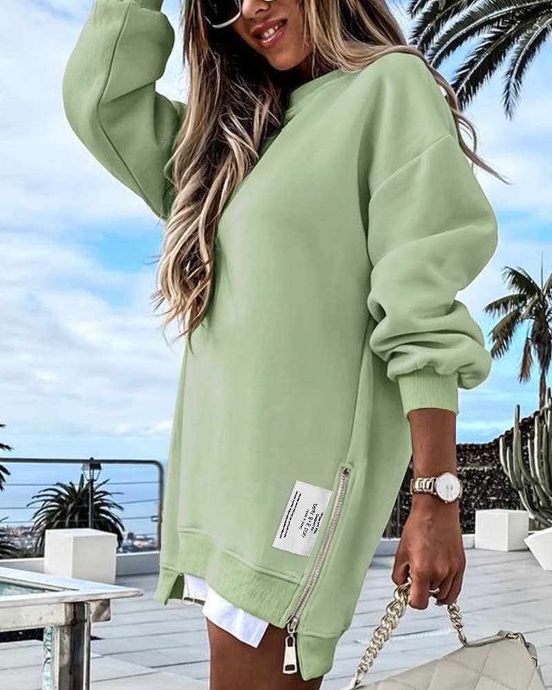 LACE-UP SOLID COLOR CREW NECK PULLOVER HOODIE