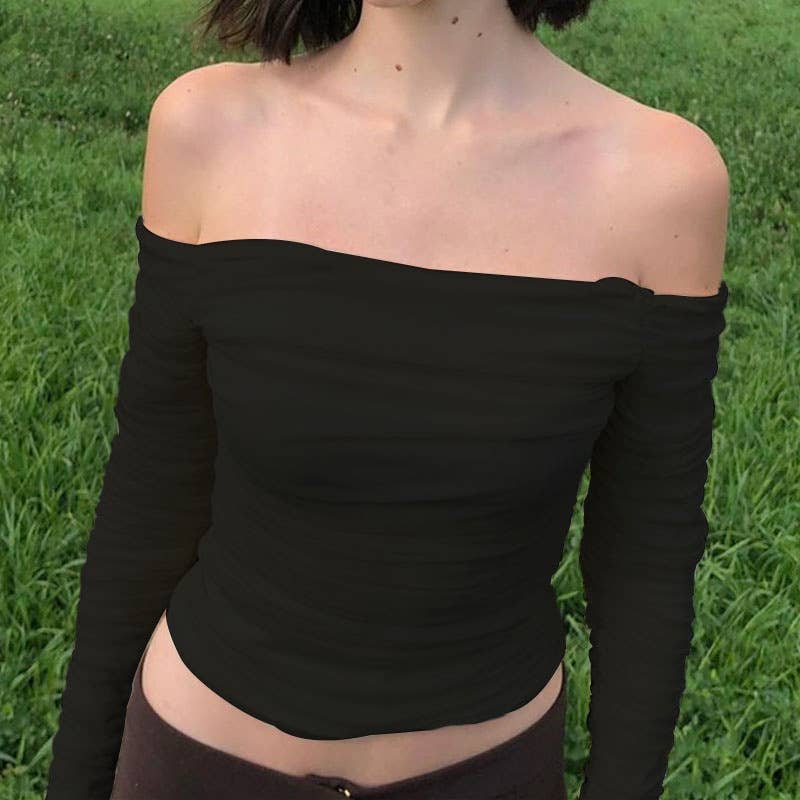 Sexy Off-Shoulder Mesh Bell Sleeve Crop Top