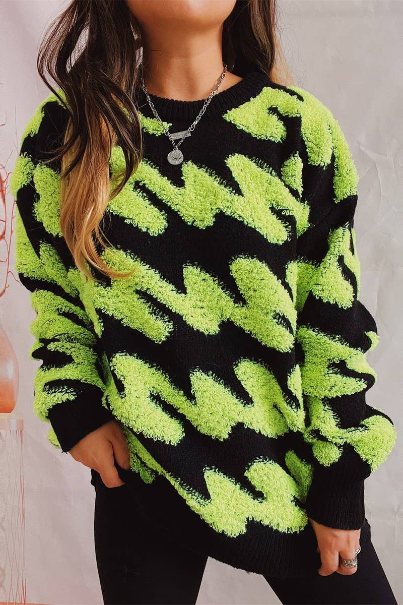 Long sleeve knit sweater with wavy stripes flocking