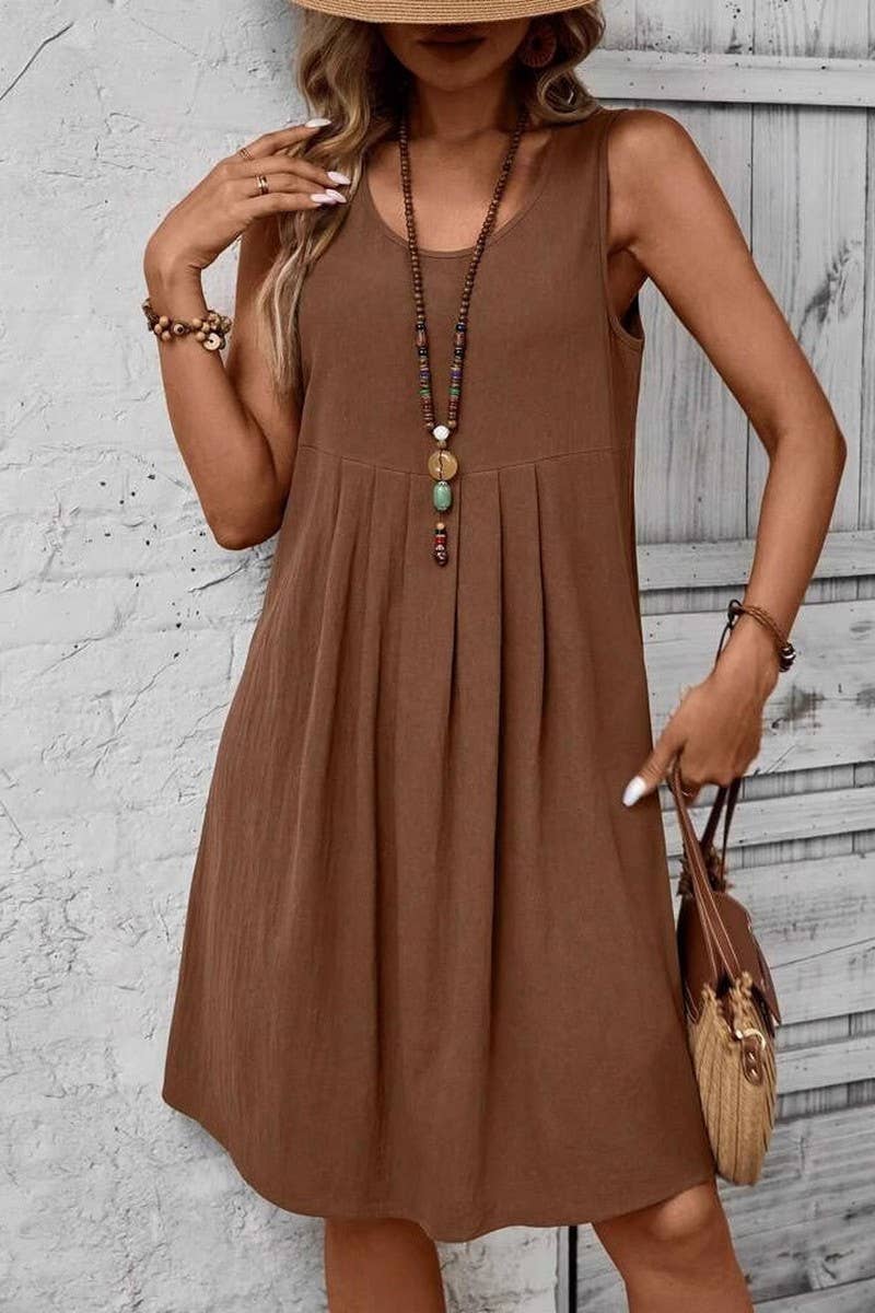 CWDSD10558_SLEEVELESS ROUND NECK CASUAL SOLID COLOR DRESS