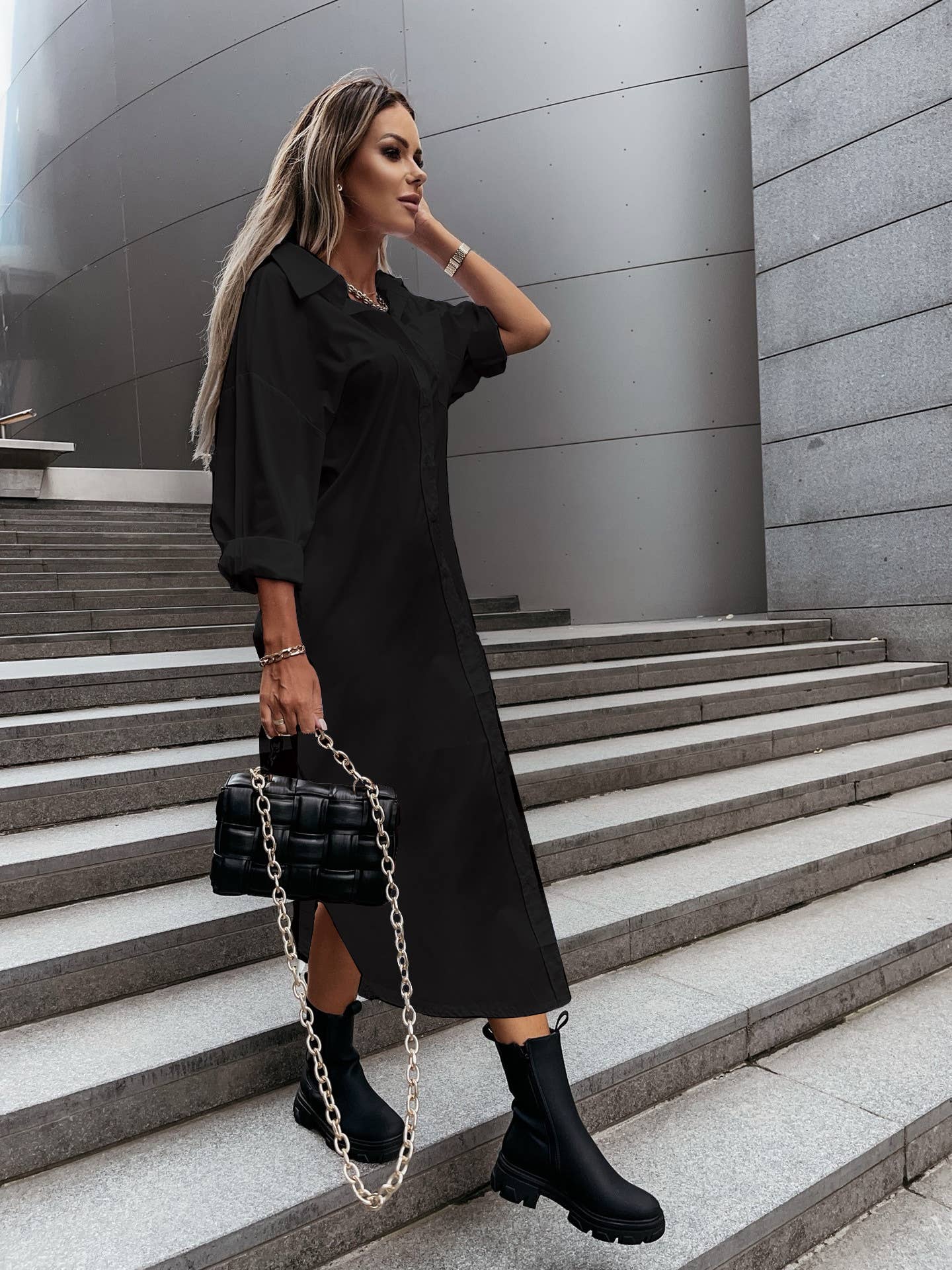 STYLISH SLIT LOOSE CASUAL SOLID COLOR SHIRT DRESS