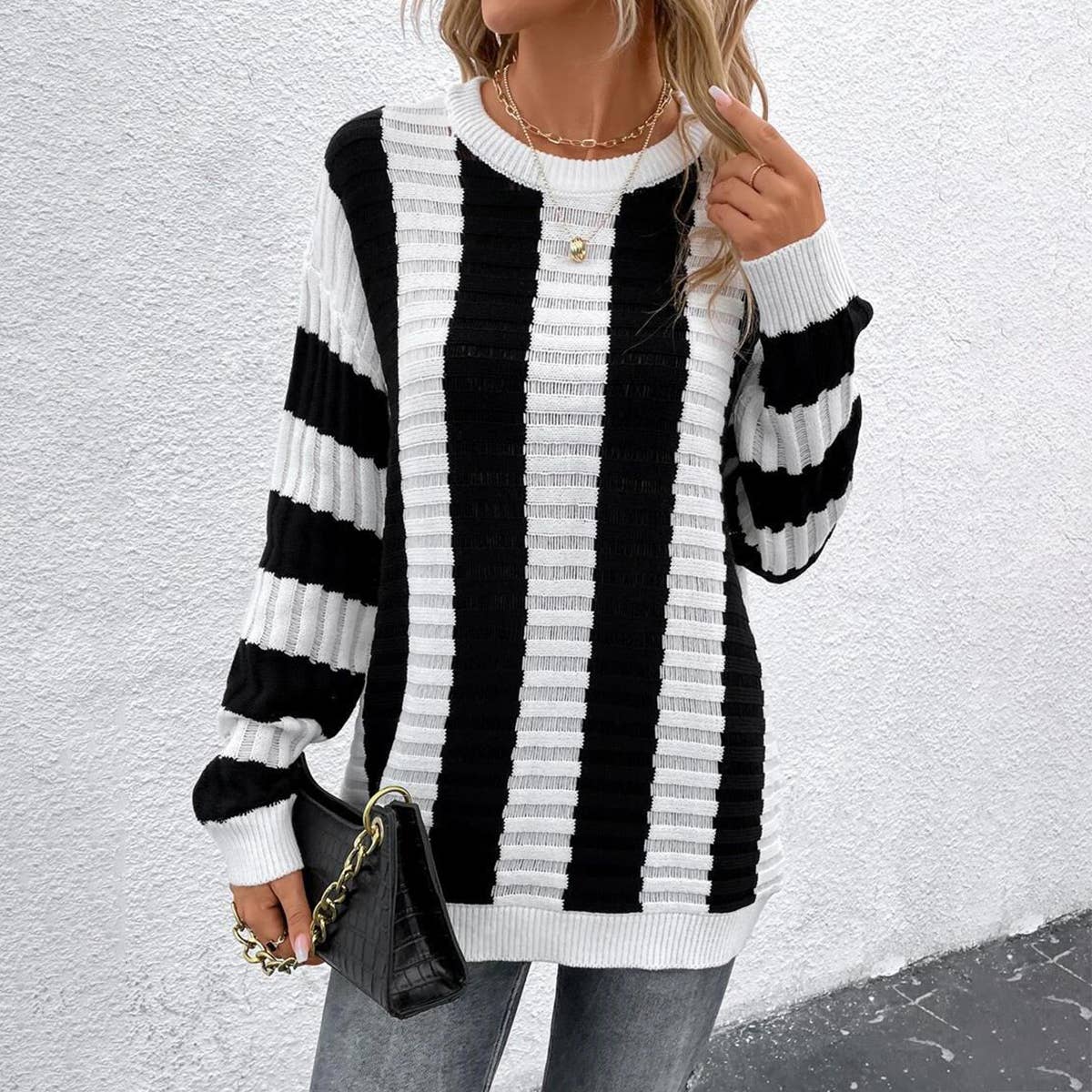 Stripe hollowed-out long-sleeved knitted sweater
