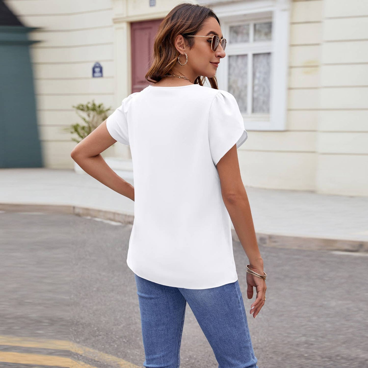 V-NECK SHORT-SLEEVED LOOSE CHIFFON PEARL TOP