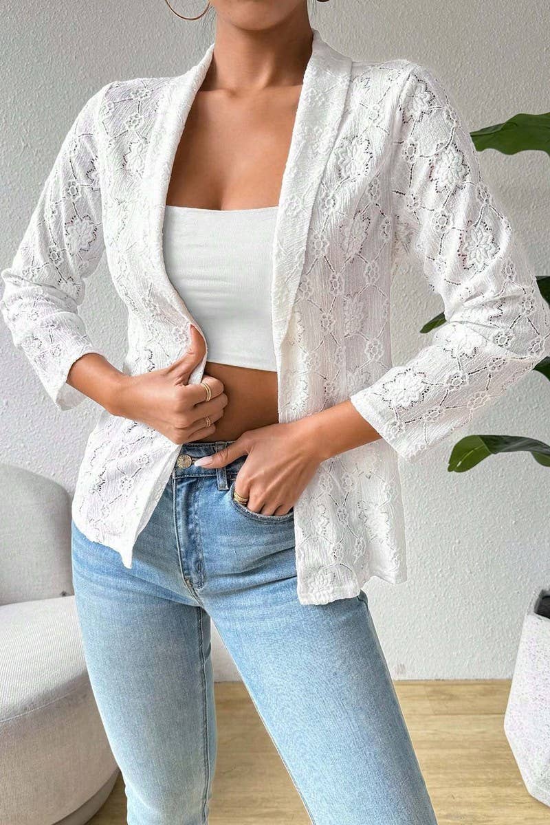 CWOCO1140_SOLID COLOR LACE 9-QUARTER SLEEVE LAPEL BLAZER