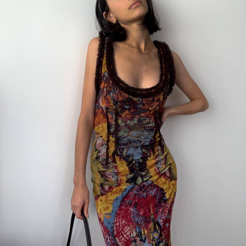 Stylish and retro tie-dyed printed U-neck dress