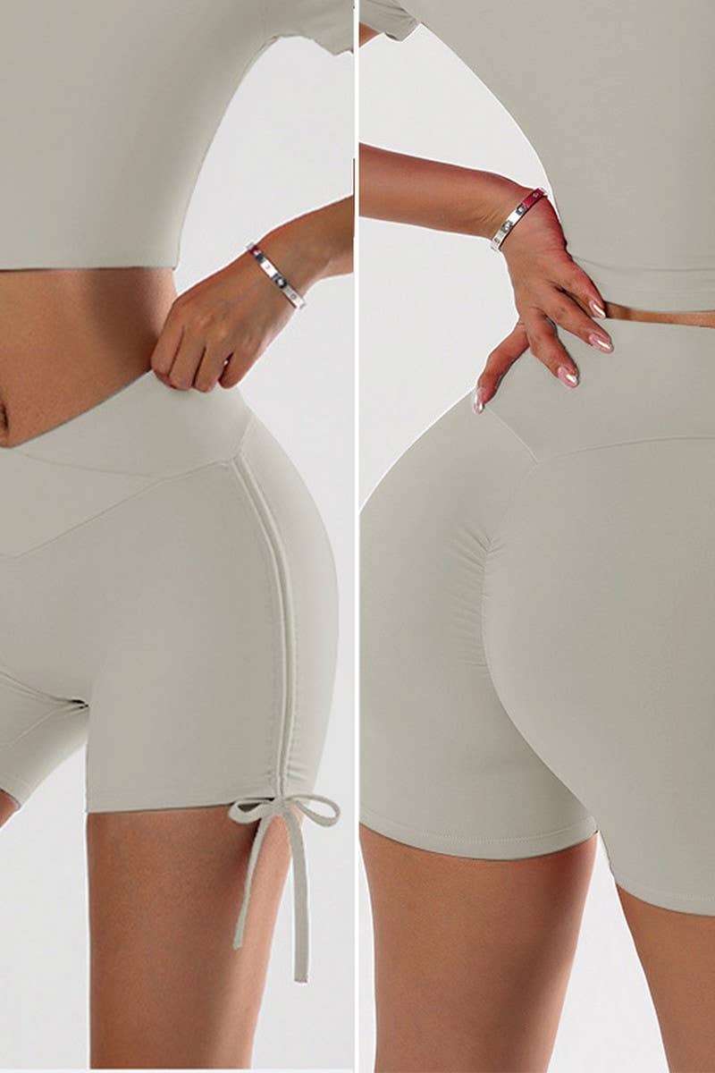 CWBSP0444_PLEATED V-NECK HIGH WAIST TIGHT GYM SHORTS