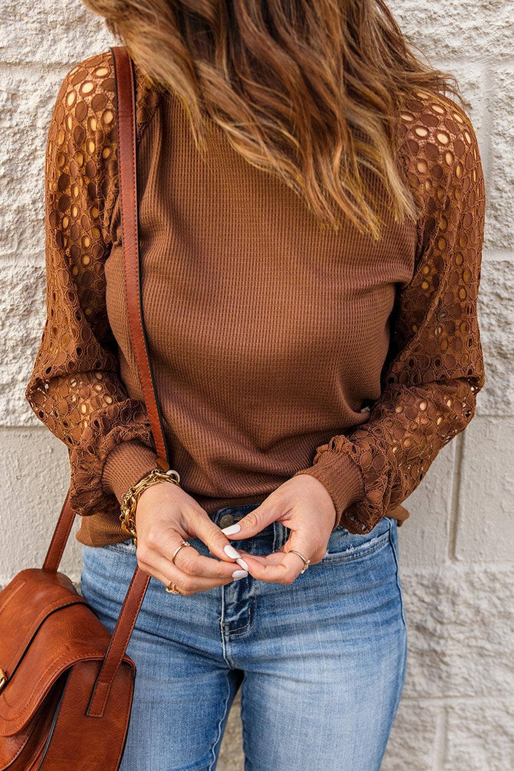 WAFFLE GREY PATCHWORK LONG SLEEVE T-SHIRT