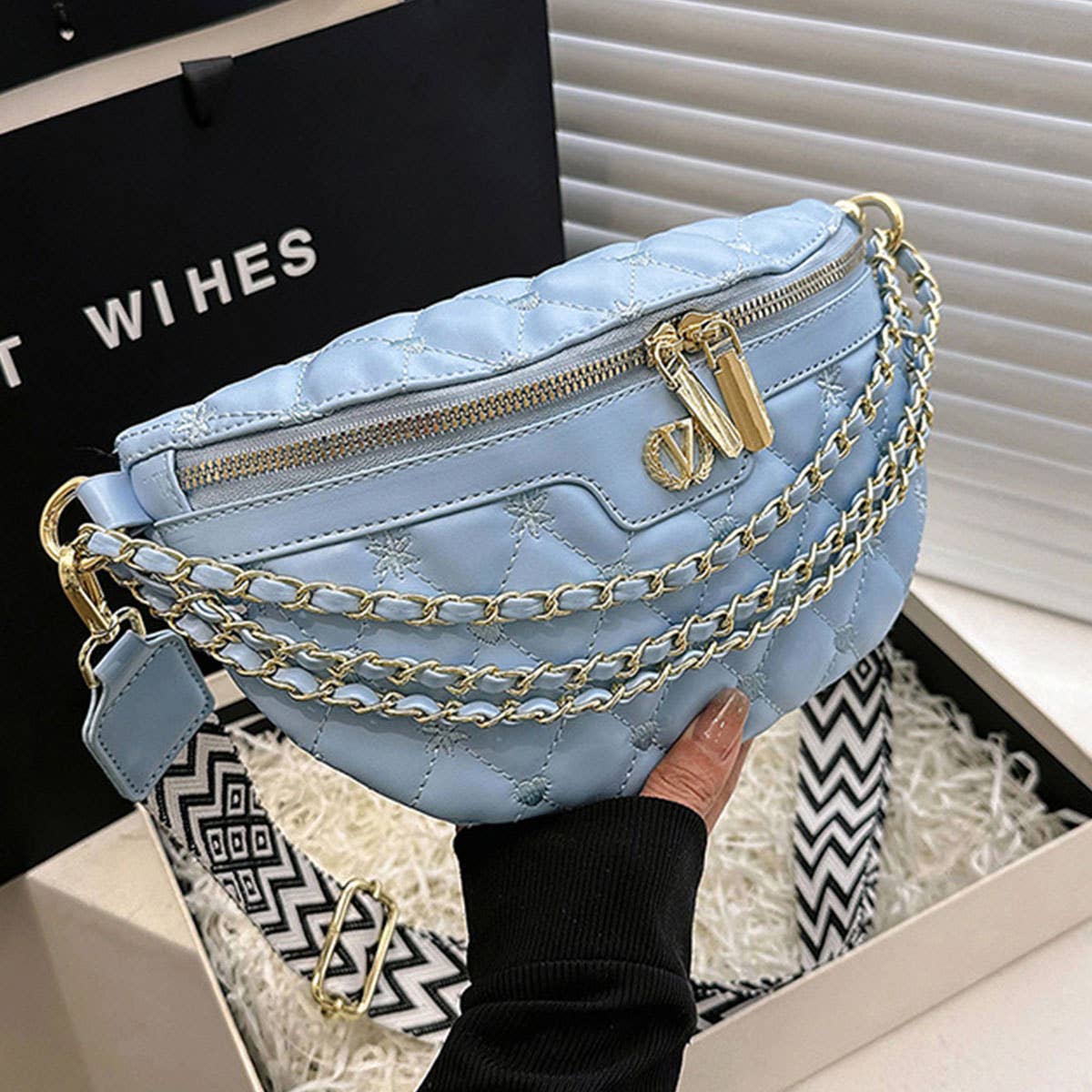 PU TRIPLE CHAIN STRAP BELT BAG,CROSSBODY BAG_CWAB0944