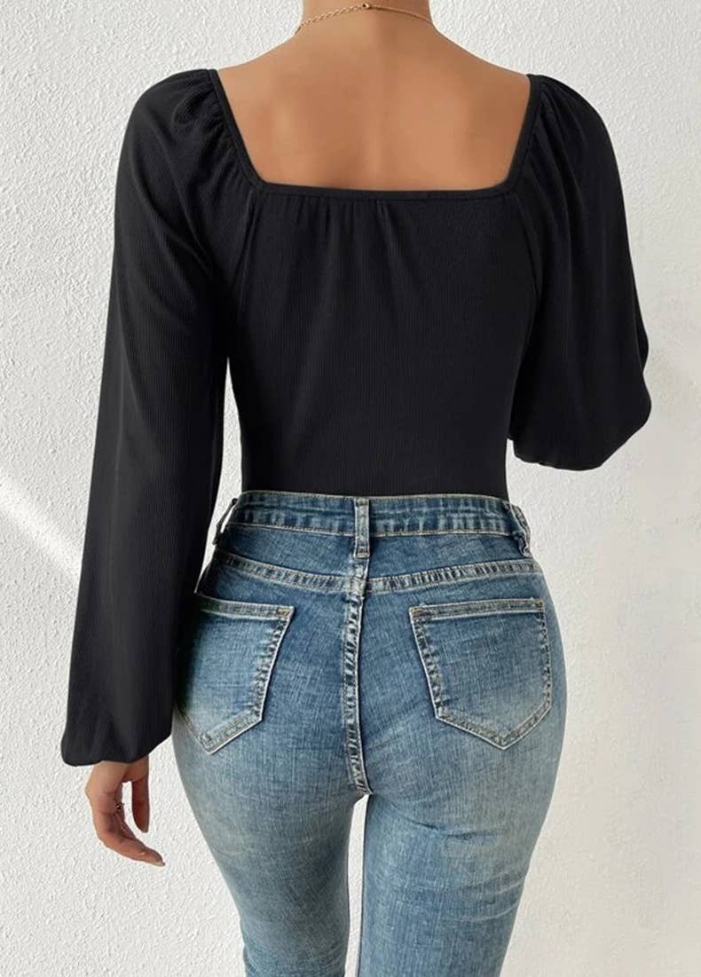 SQUARE NECK LONG SLEEVE PUFFED SLEEVE JUMPSUIT