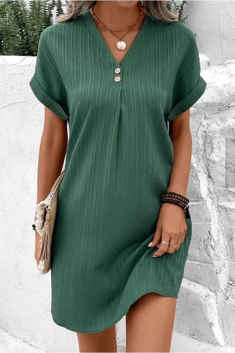 CWDSD6539_V-NECK SOLID COLOR PULLOVER CASUAL BUTTON DRESS