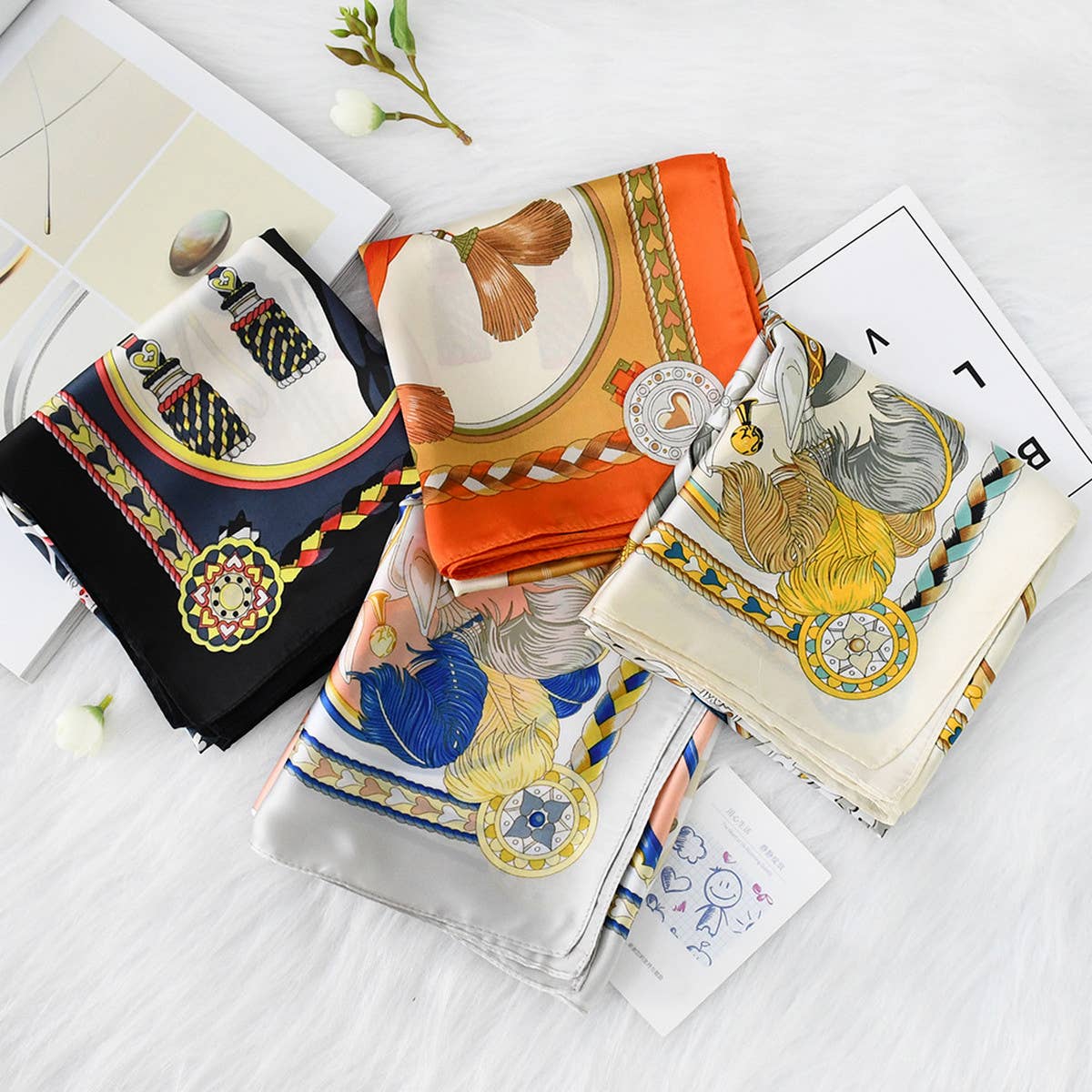 70cm Vintage Horse Print Satin Square Scarf_CWASC1151