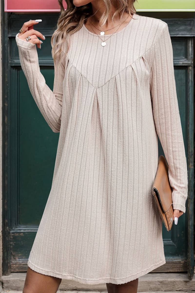 CWDSD6388_AUTUMN WINTER ROUND NECK LONG SLEEVE DRESS SHORT