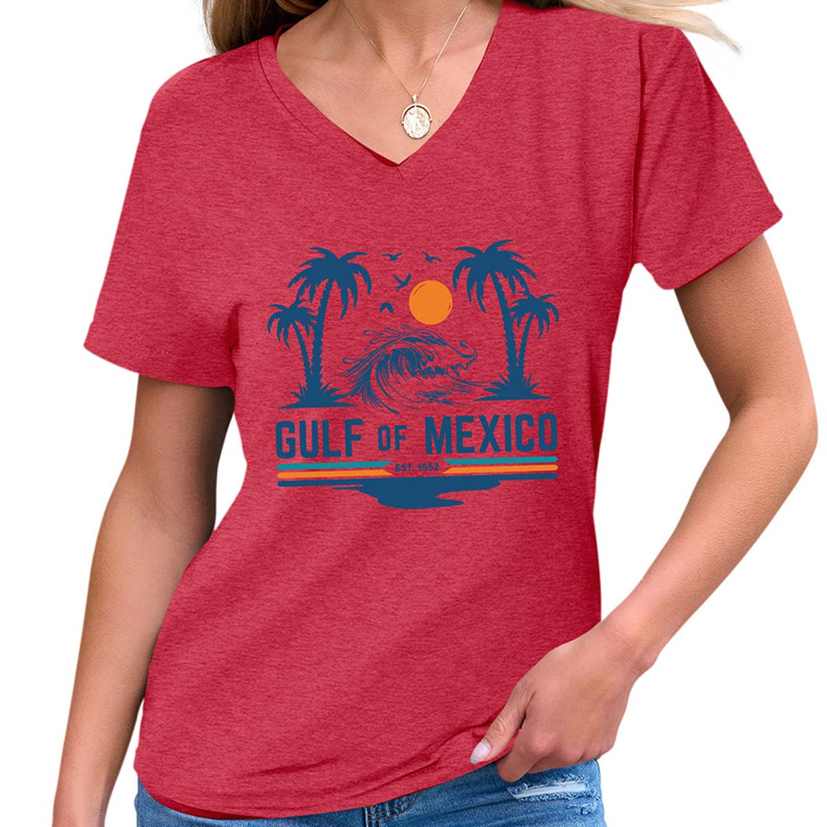 Slim V???Neck T???Shirt ??Gulf of Mexico Est Print_CWTTS1538