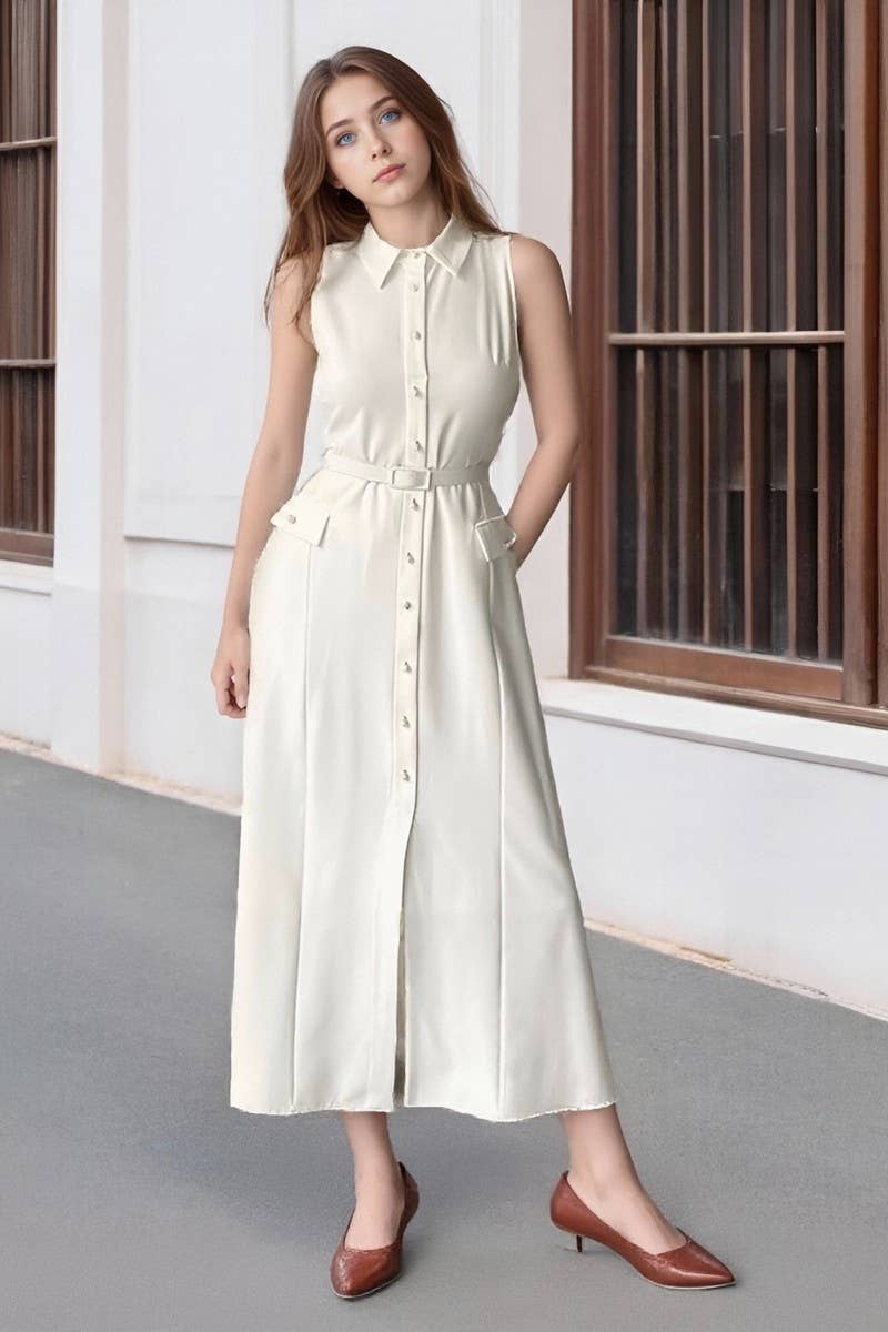 CWDMD6424_SLEEVELESS BELTED PEARL BUTTON SPLIT MIDI DRESS