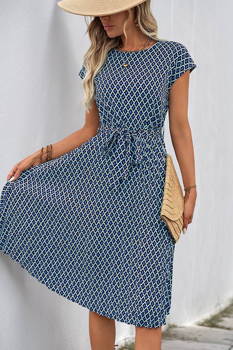 CWDMD4212_TIE-UP FLYING SLEEVES PRINTED CREW NECK DRESS