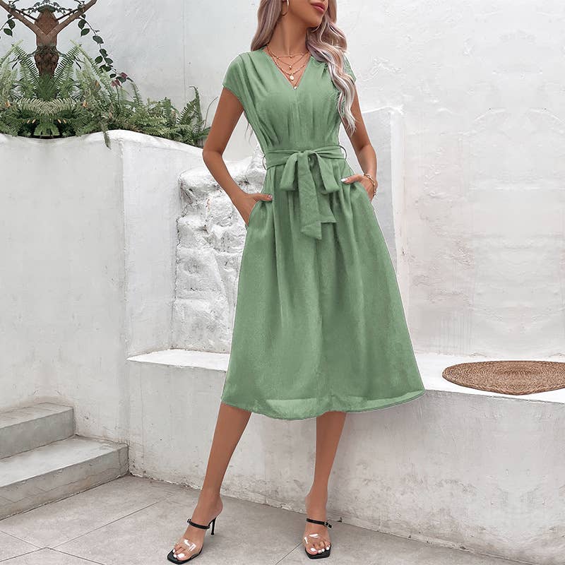 Simple,elegant versatile V-neck lace-up dress