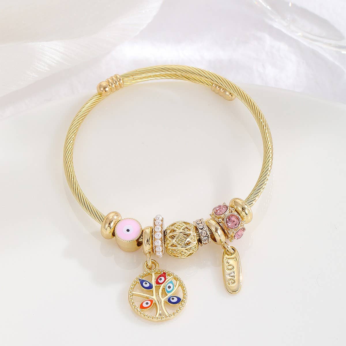 Gold Bracelet with Tree, Heart & Tail Charms