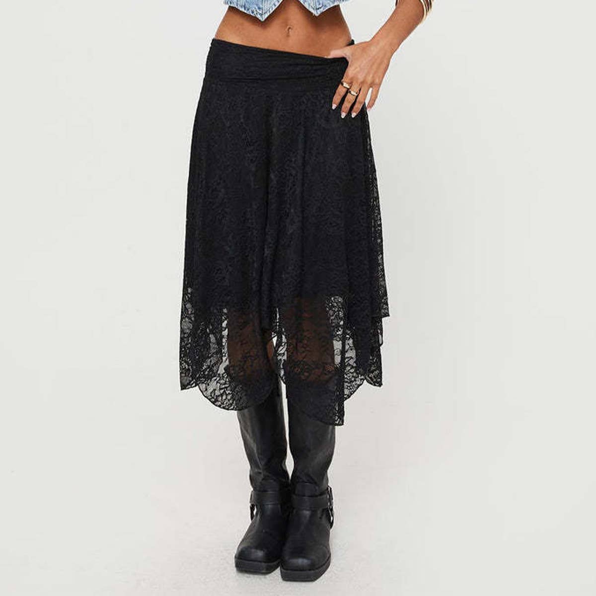 Asymmetrical hem mid-length lace skirt