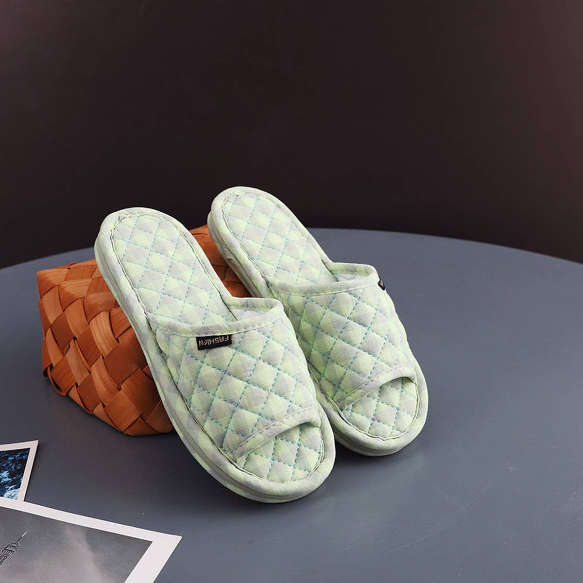 Plaid Cotton Floor Slippers with Thick Fabric Sole_CWSHF0191