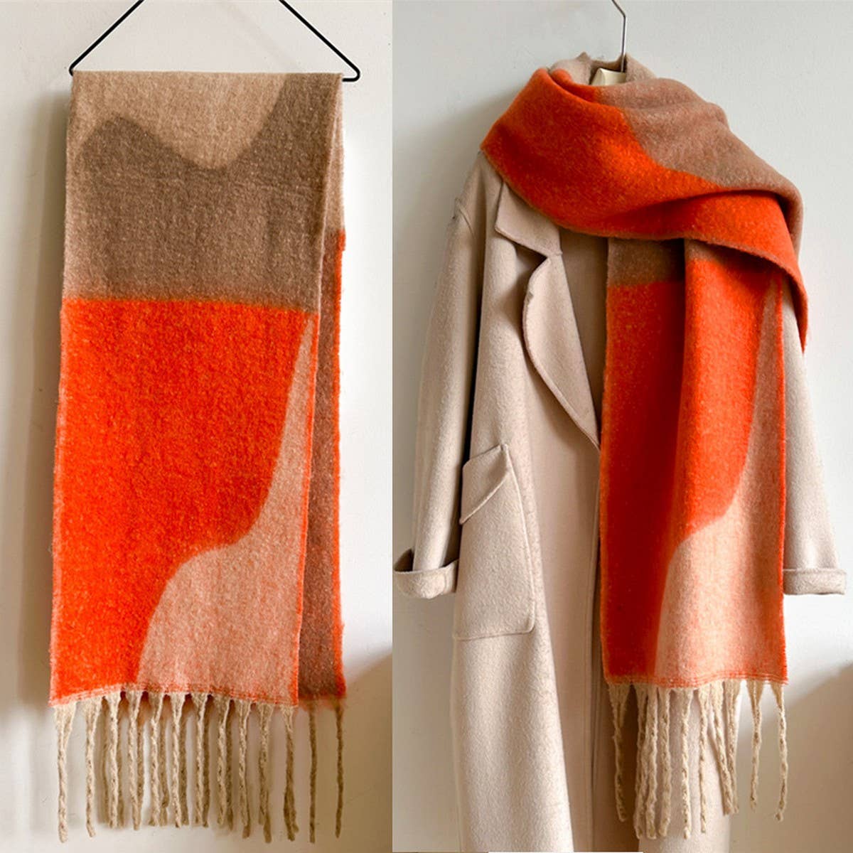 Geometric Fringe Wool Scarf,Thick Colorblock Shawl