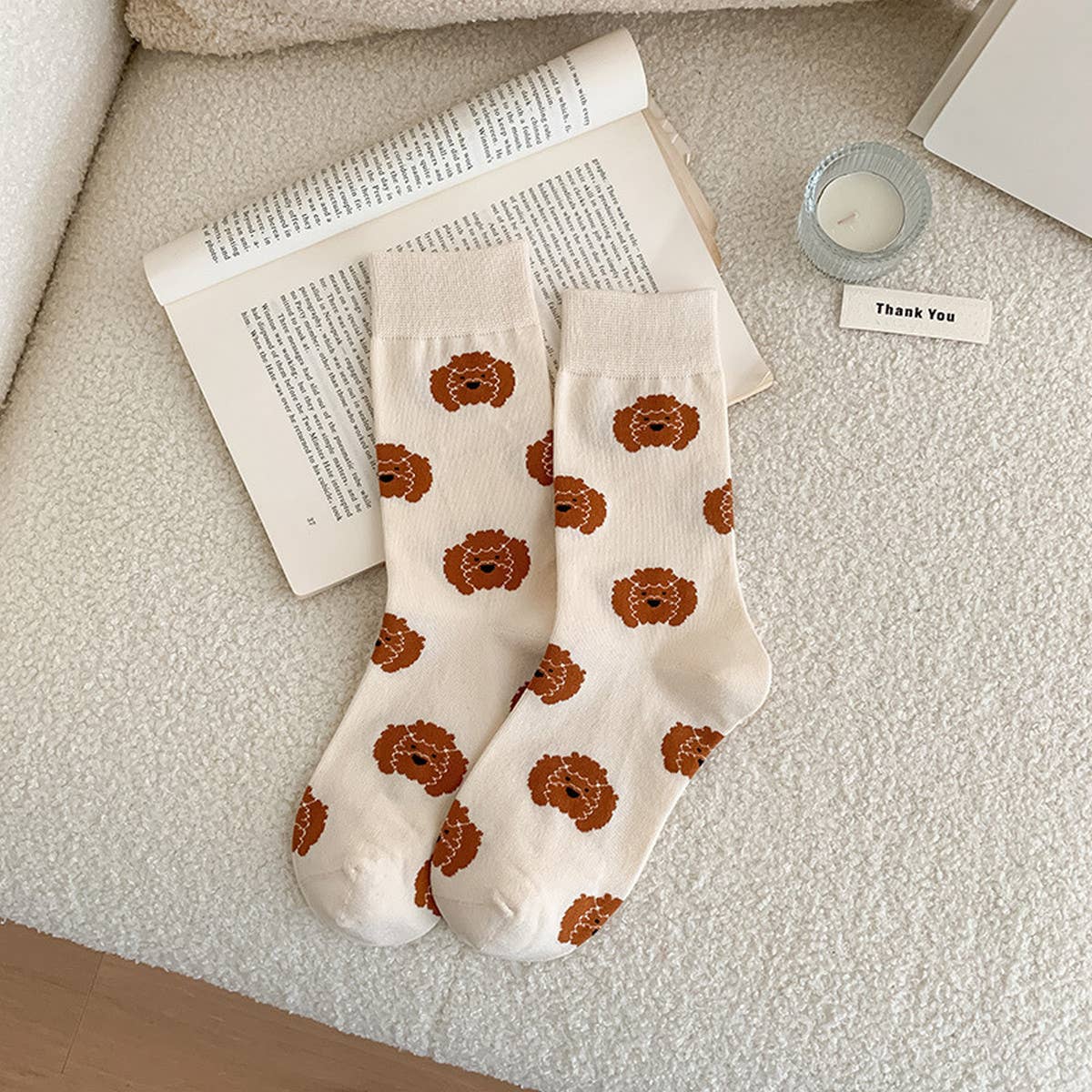 BROWN PUPPY POLKA DOT PLAID SOCKS_CWMS0955