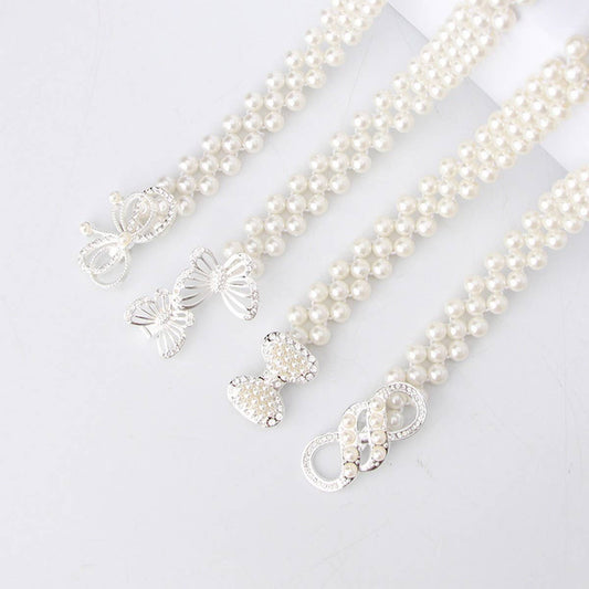 PEARL WOVEN ELASTIC BELT RHINESTONE ALLOY BUCKLES_CWABE0395