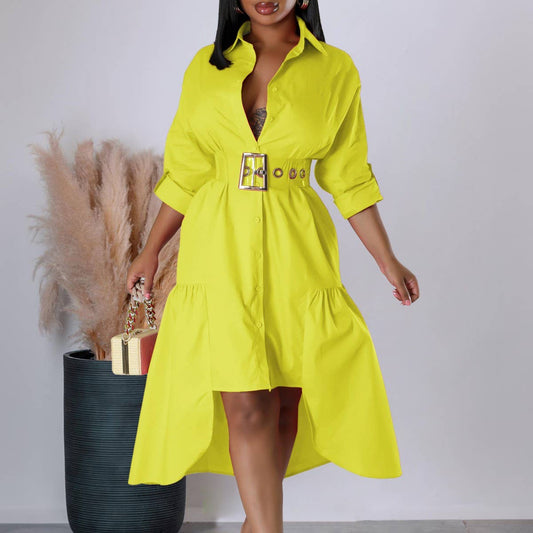 LAPEL SOLID COLOR FASHIONABLE LOOSE CASUAL DRESS_CWDSD6143