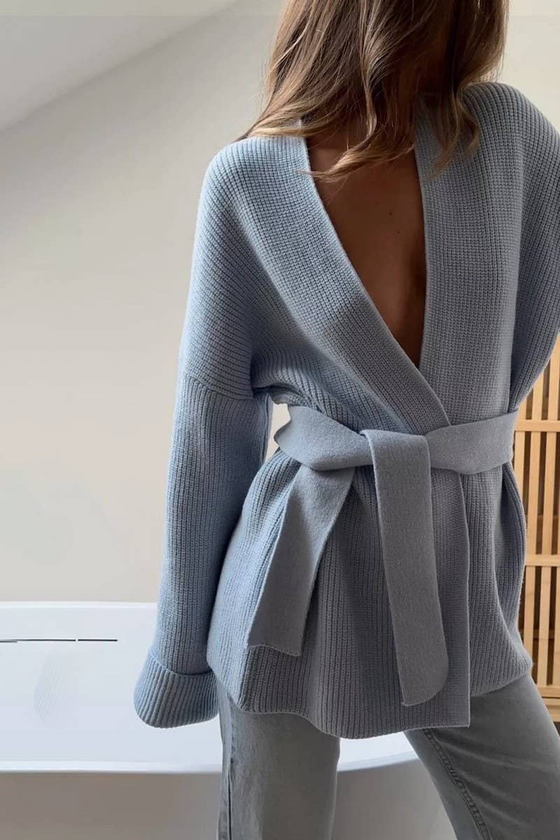 CWOCAL2240_SOLID COLOR LACE-UP LOOSE ROBE KNITTED CARDIGAN