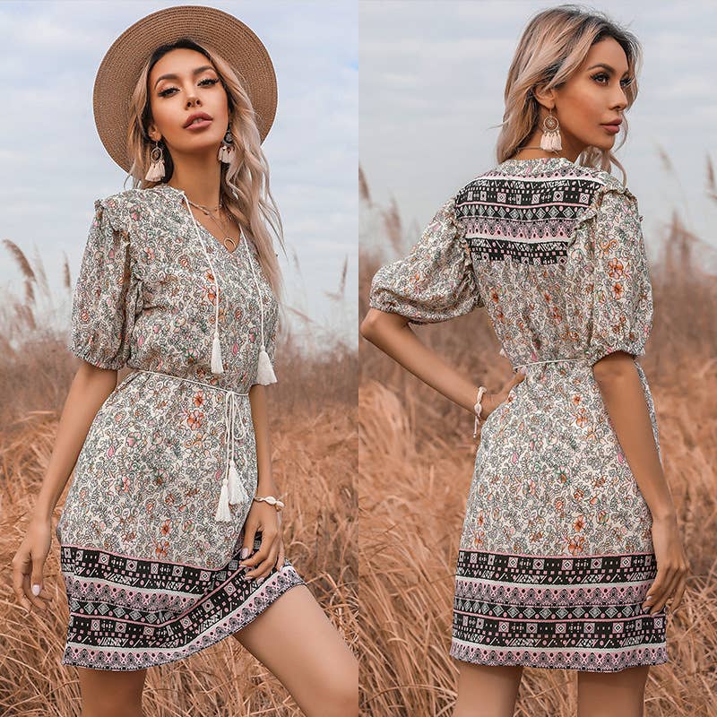 TAILORED FLORAL DRESS WITH FRINGE V-NECK LACE-UP