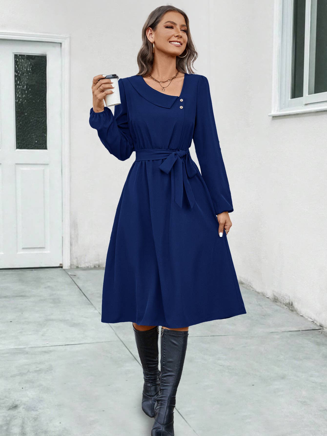 Irregularly collared button long-sleeved dress