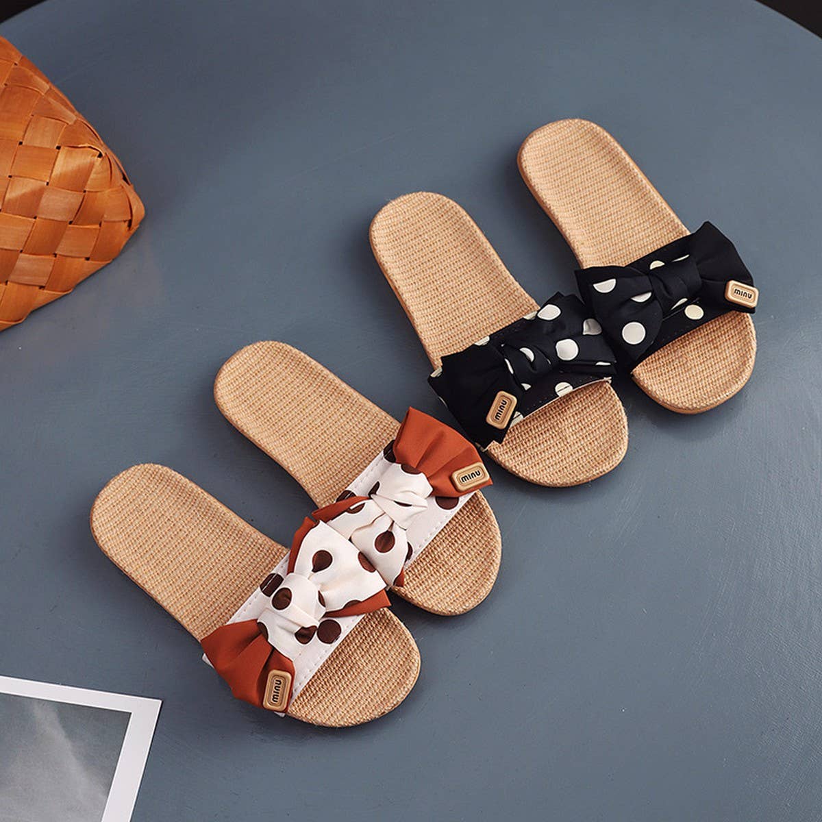 Polka Dot Linen Bow Slippers Soft Sole Non-Slip_CWSHF0185