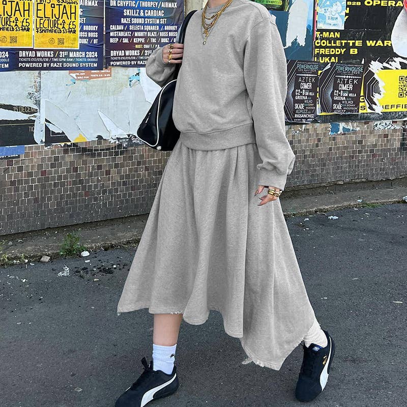 Round-neck casual sweatshirt semi-long skirt set