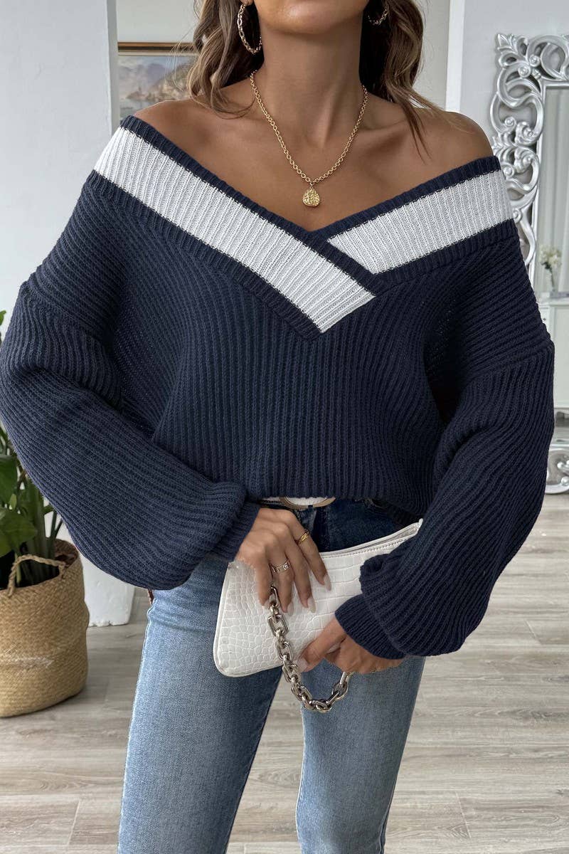 CWOSWL07340_WOMEN COLOR BLOCK V NECK LOOSE KNIT SWEATER