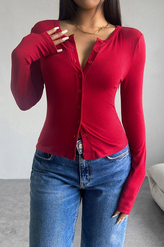 Cwttl1963_Solid Color Slim Fit Cardigan Button Top