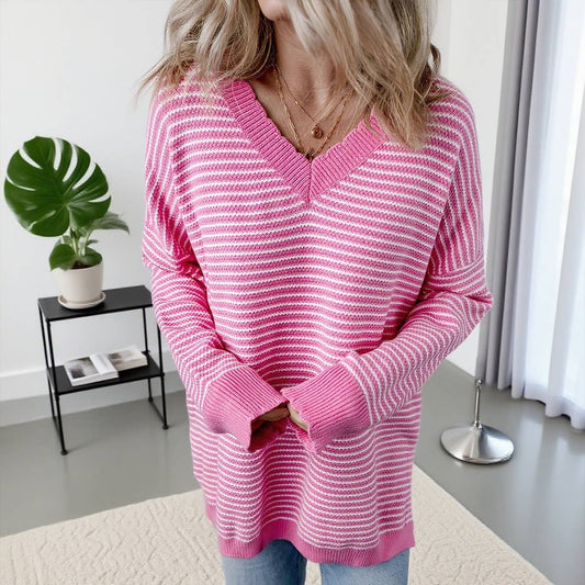 V-neck casual simple two-color striped sweater