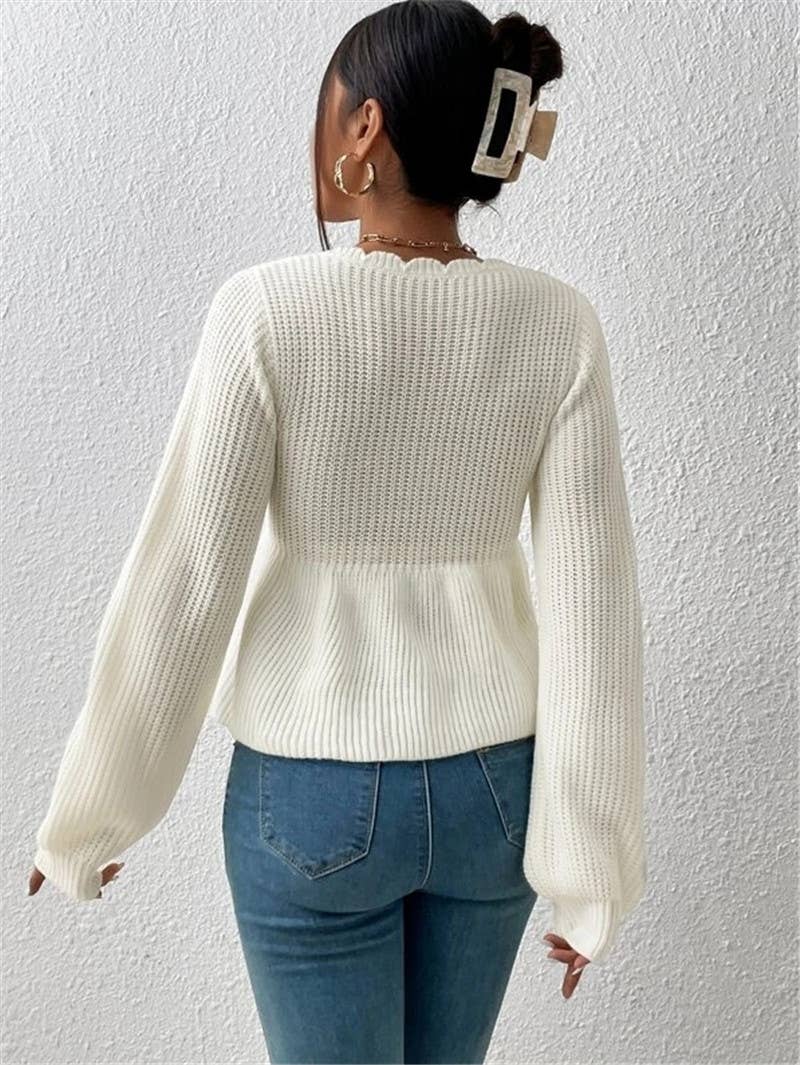 V-neck drawstring tie ruffled hem knit sweater
