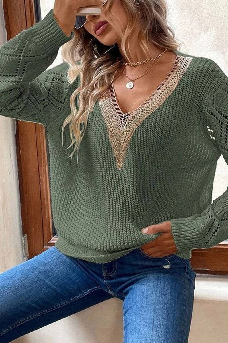 CWOSWL07367_V NECK LACE TRIM LOOSE PULLOVER KNIT SWEATER