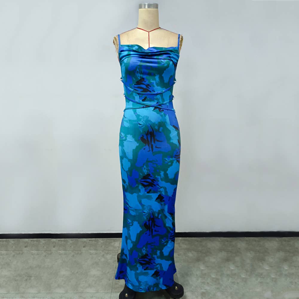 PRINT HALTER LONG SLEEVELESS BOHEMIAN DRESS