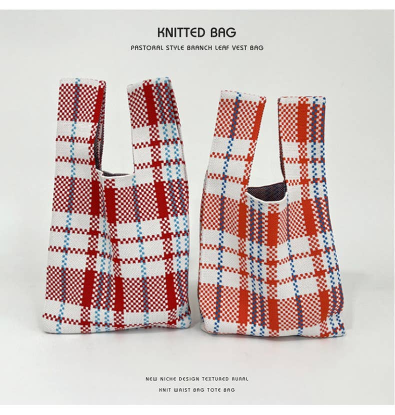 Colorful checkered knitted single-shoulder bag