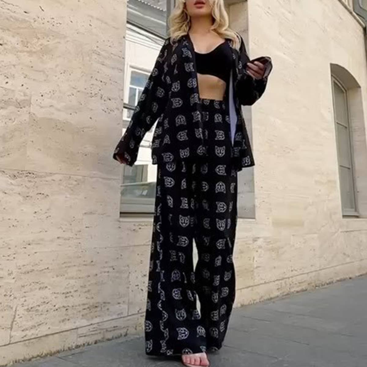 PRINTED LONG-SLEEVED TOP HIGH-WAISTED PANT SUIT