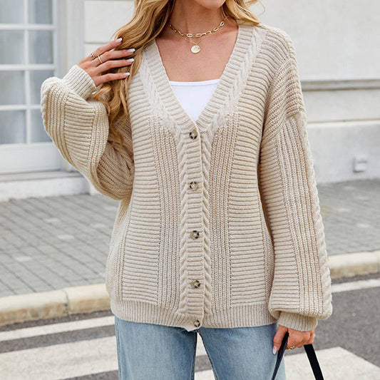 V-neck buttoned single-breasted knitted cardigan