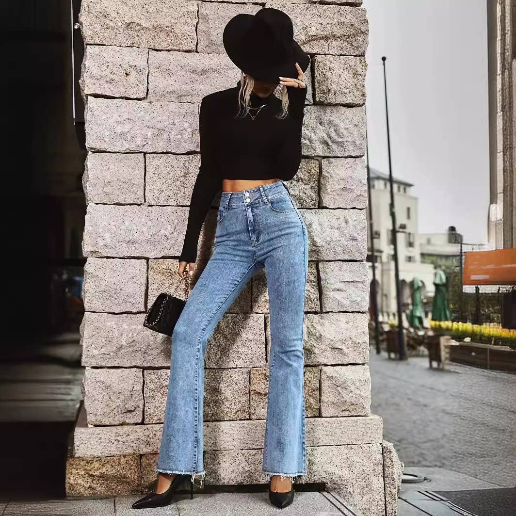 Micro horn stretch framed washed denim trousers