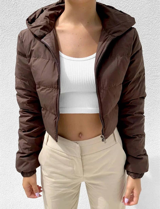 Short solid-color hooded hand-stuffed jacket