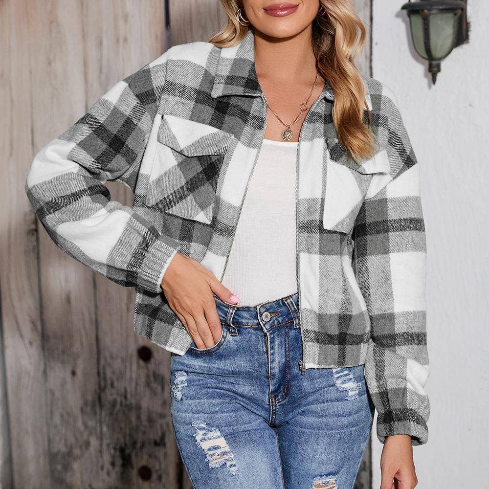 Printed Plaid Jacket With Zipper Pocket