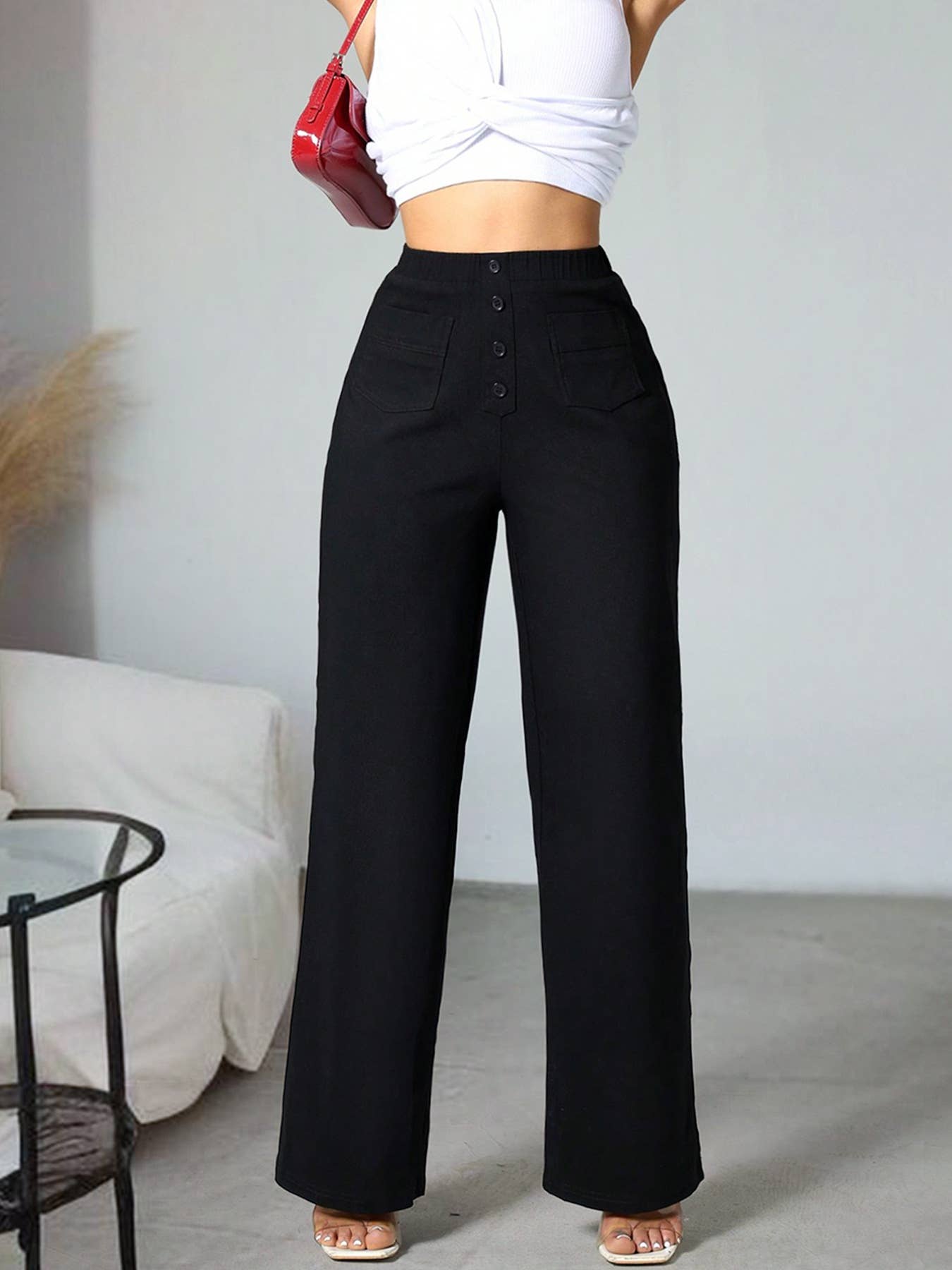 High-waisted elastic casual straight-leg pants