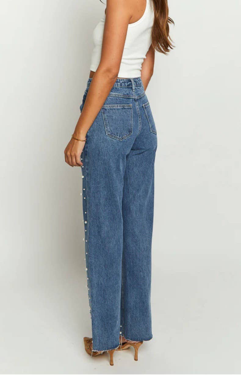Beaded fringed straight tube washed fashion jeans