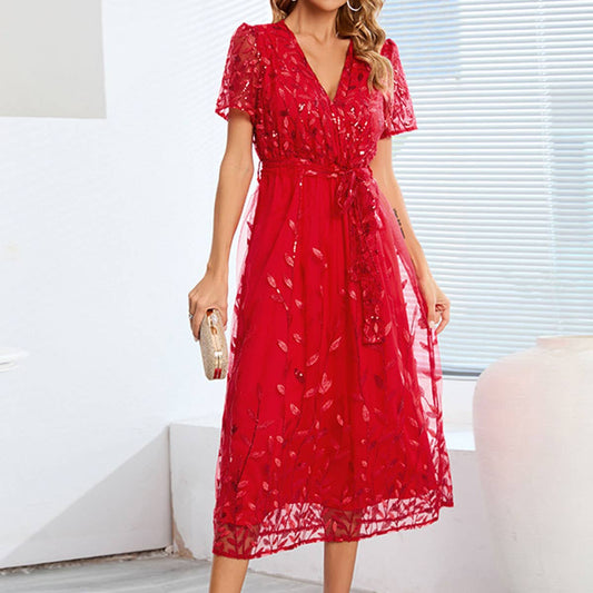 Embroidered Metallic Mesh V-Neck Midi Dress