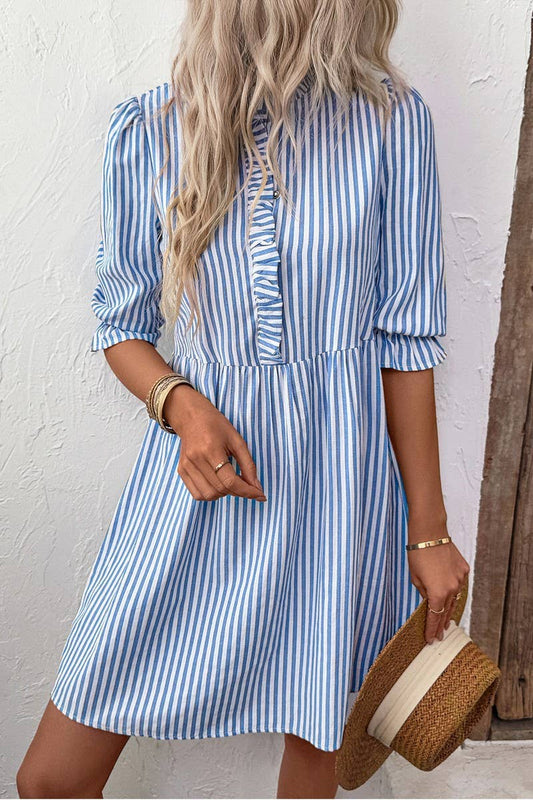 CWDSD7817_RUFFLE TRIM STRIPED LOOSE FIT SHIRT DRESS